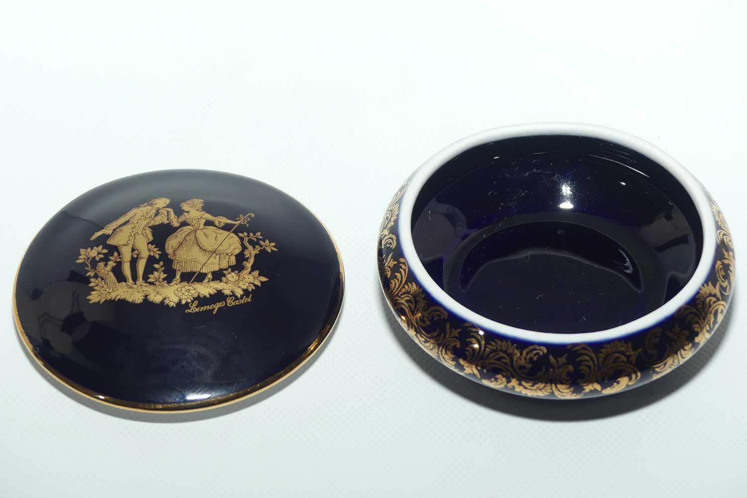 Limoges Castel France Blue and Gilt round trinket box | Traditional Courting Scene