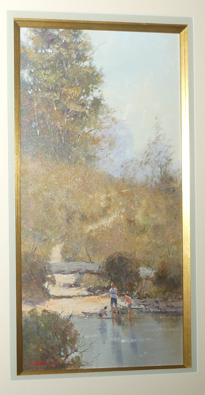 Original Oil on Board under Glass | Gilt Framed | As Children Play in Quiet Waters | by Richard Chamerski