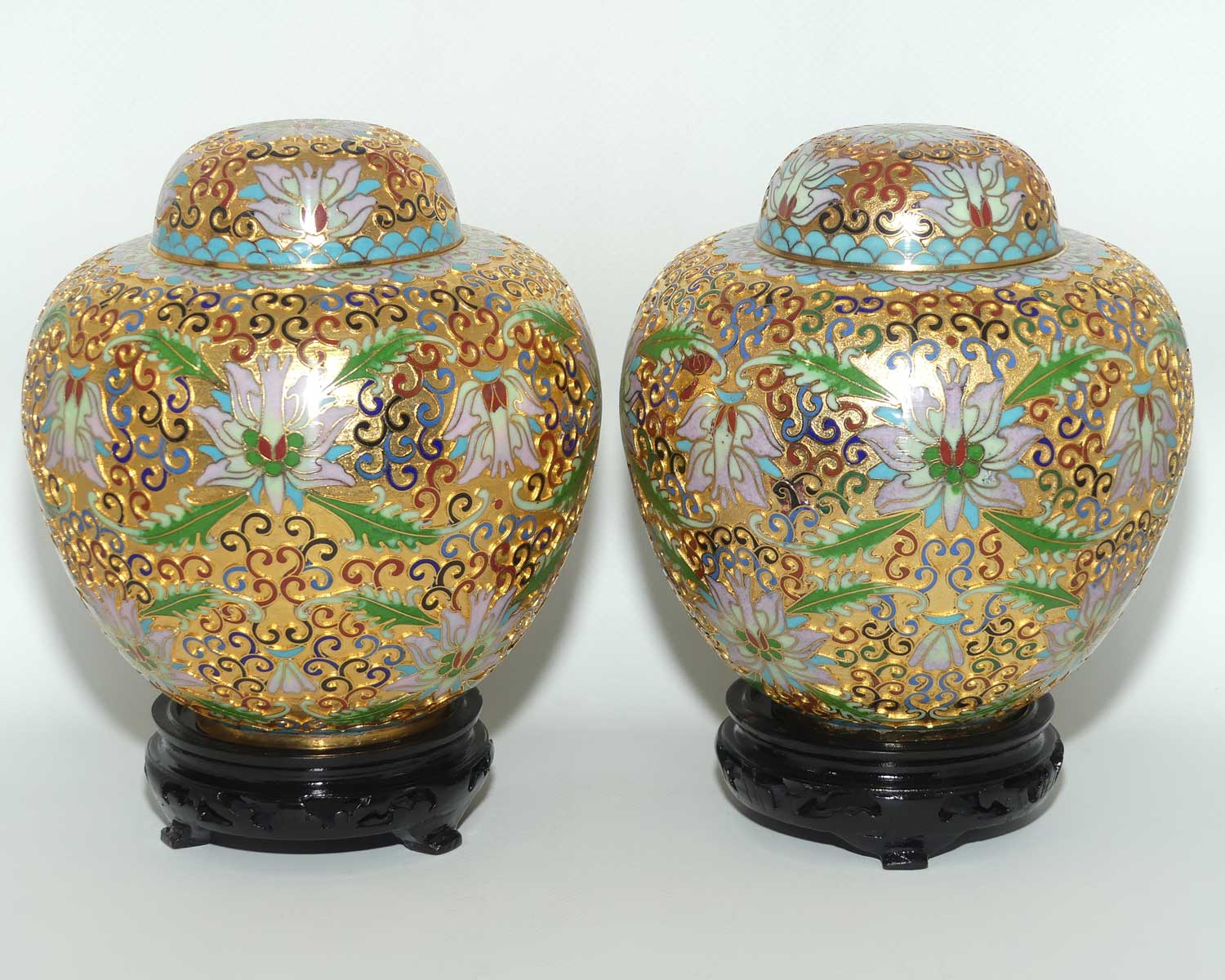 Pair of Mid Century Champleve Cloisonne on Brass Ginger Jars on wooden bases