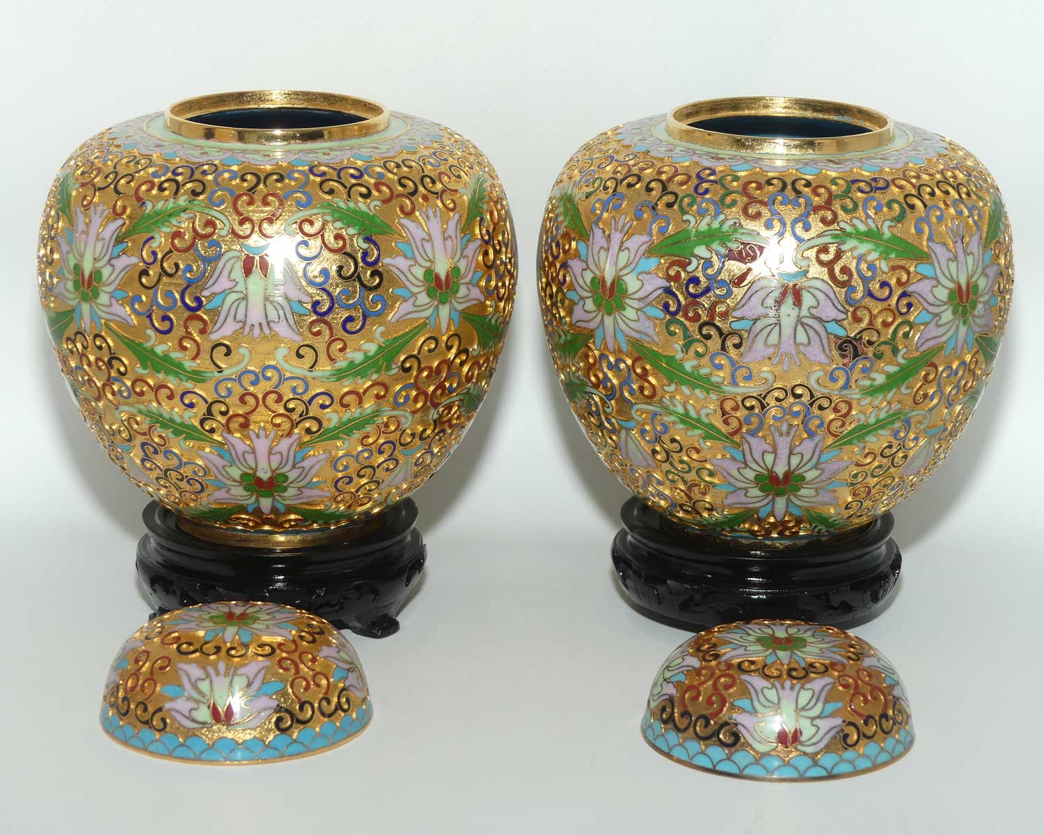 Pair of Mid Century Champleve Cloisonne on Brass Ginger Jars on wooden bases