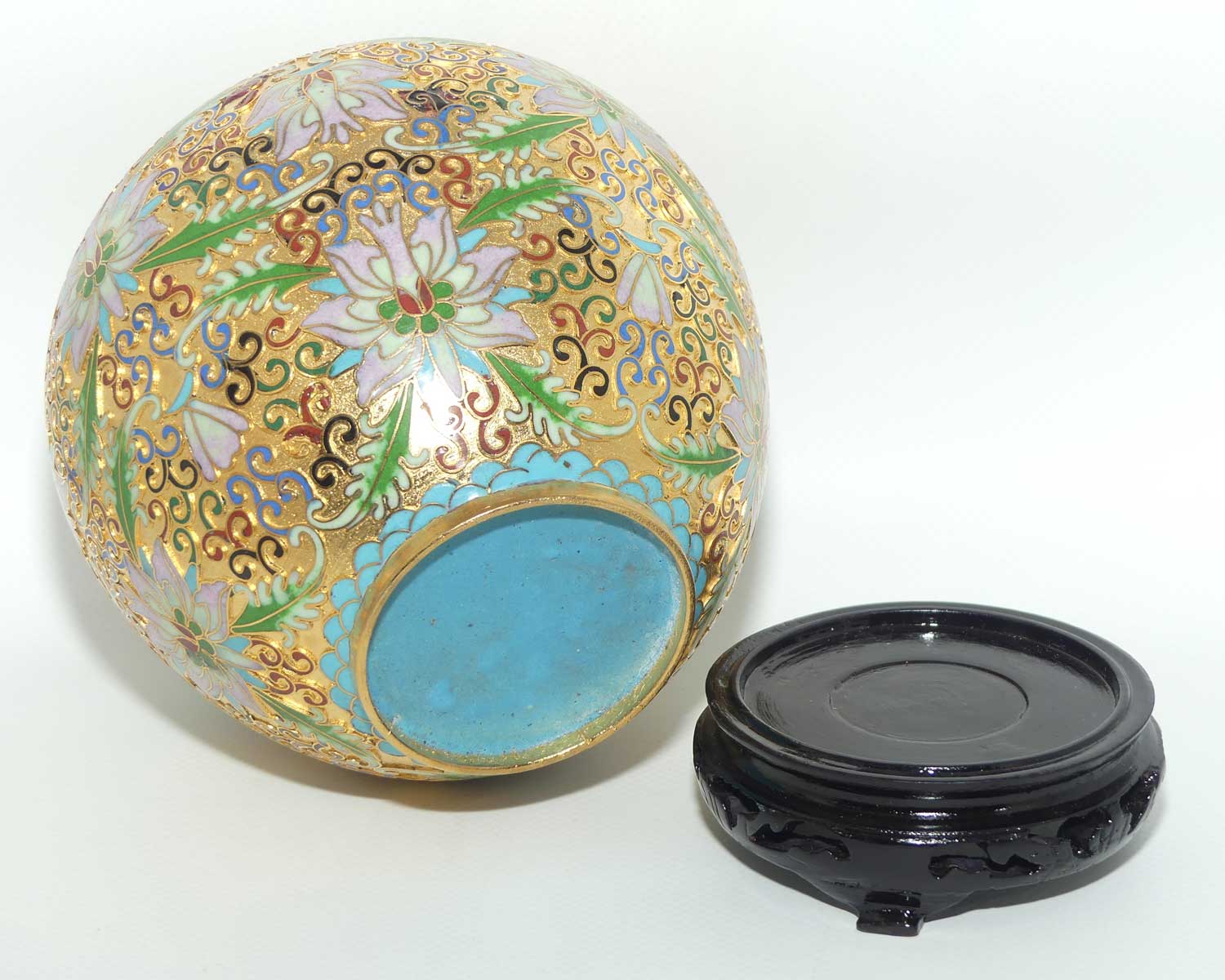 Pair of Mid Century Champleve Cloisonne on Brass Ginger Jars on wooden bases