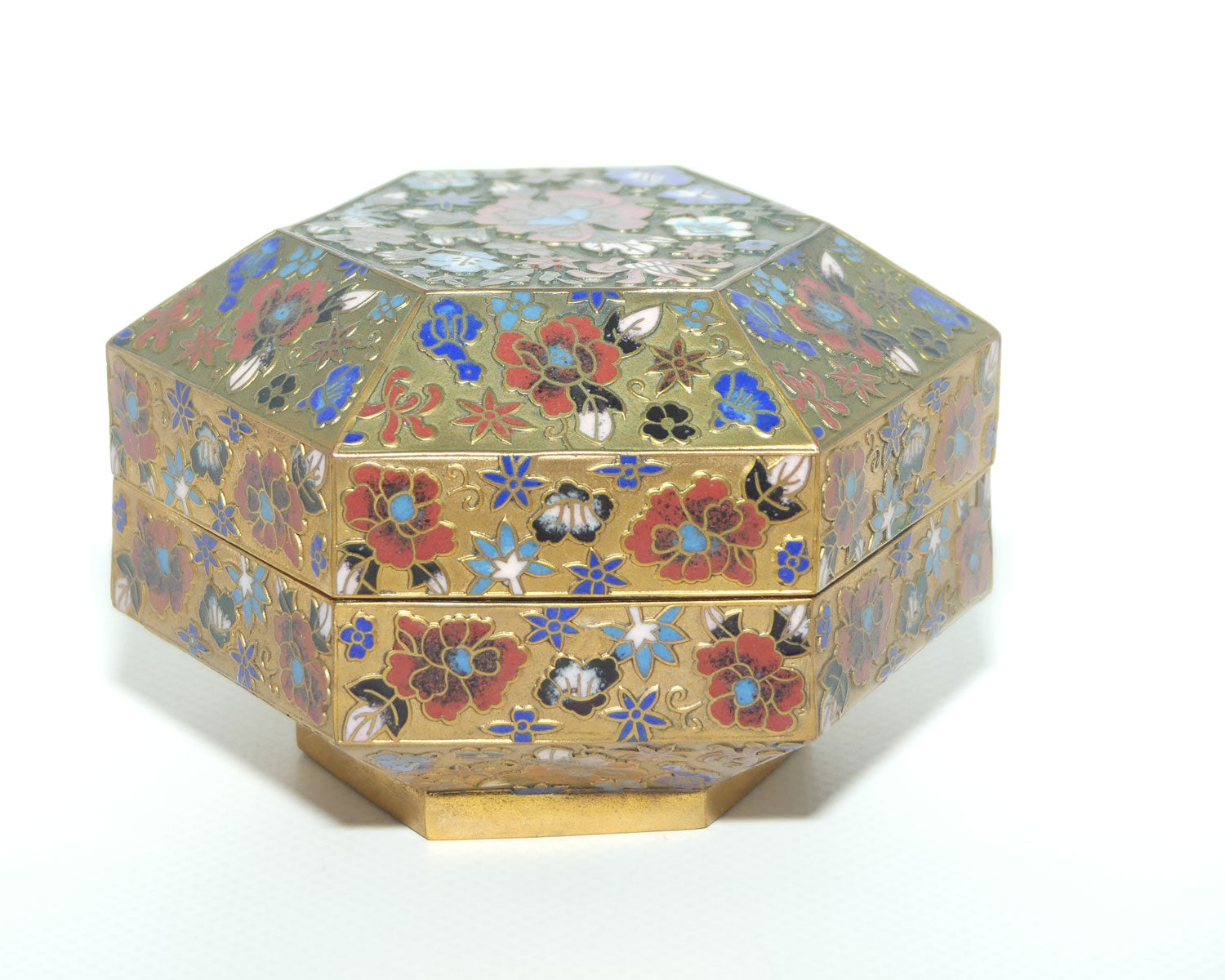 Early to Mid 20th Century Champleve Cloisonne hexagonal trinket box | Floral pattern