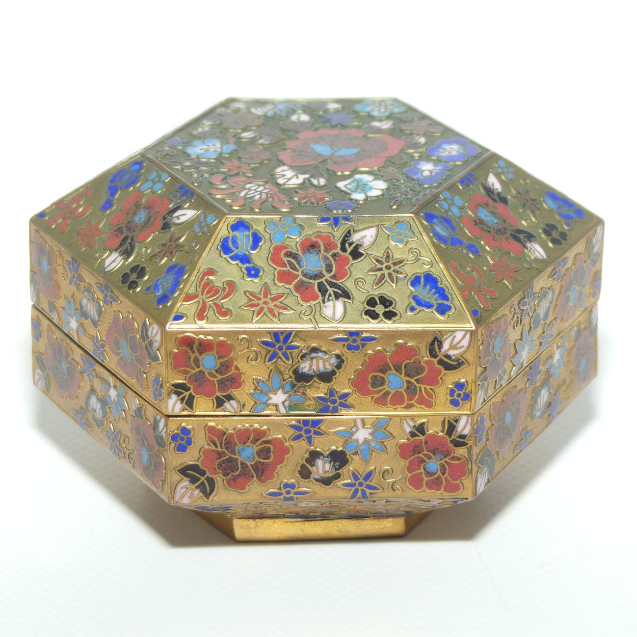 Early to Mid 20th Century Champleve Cloisonne hexagonal trinket box | Floral pattern