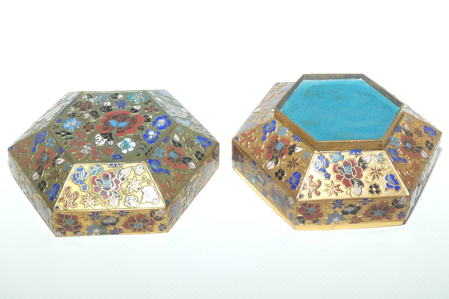 Early to Mid 20th Century Champleve Cloisonne hexagonal trinket box | Floral pattern