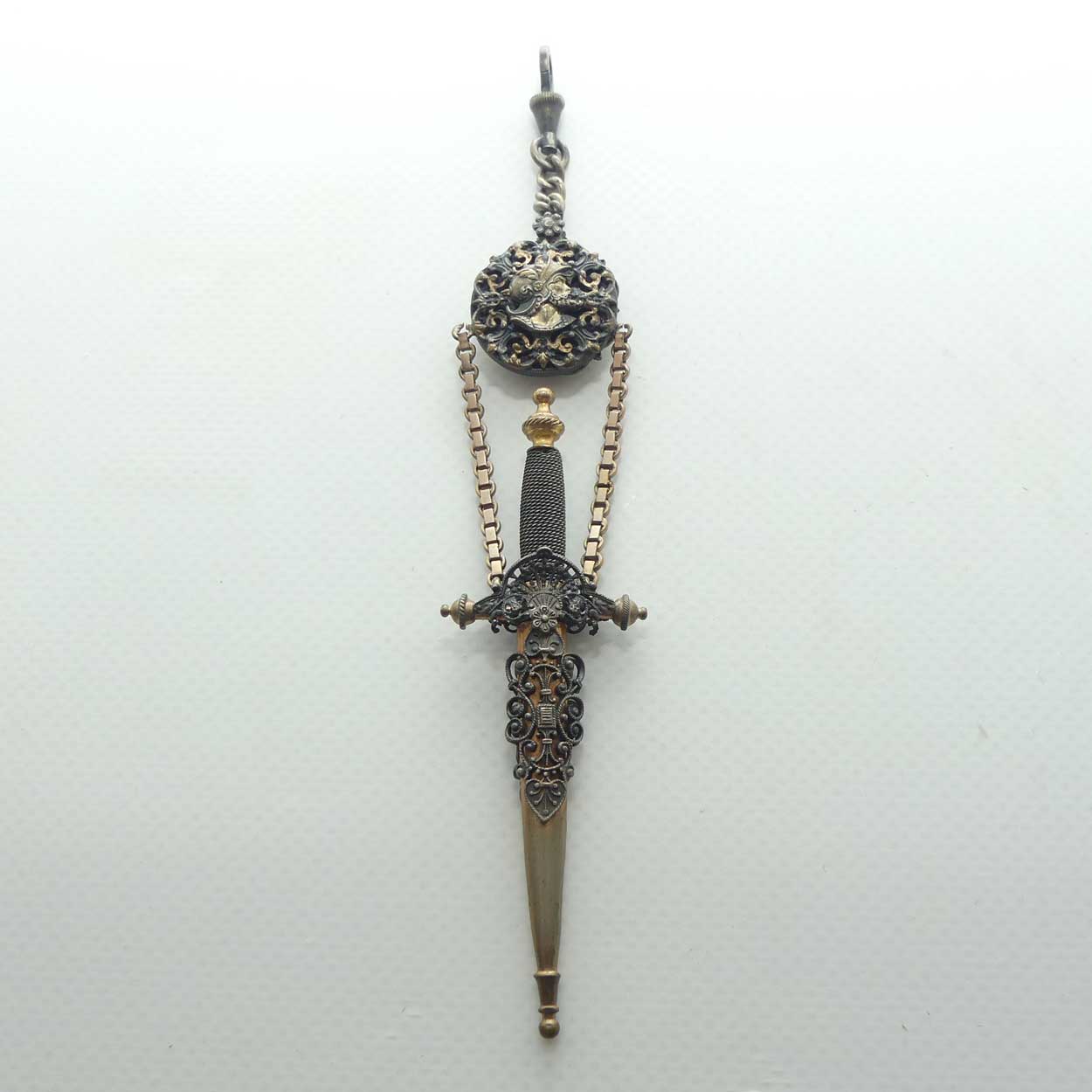 Victorian era Gilt Brass Chatelaine scissors in the form of dagger with secret mirror