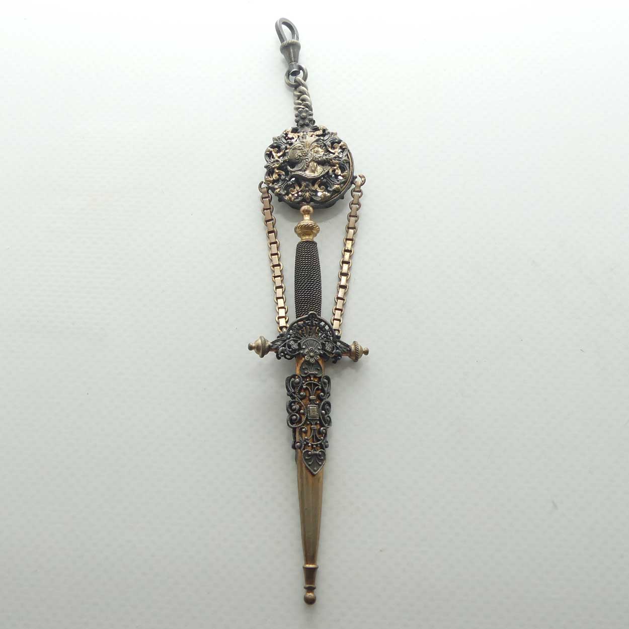 Victorian era Gilt Brass Chatelaine scissors in the form of dagger with secret mirror