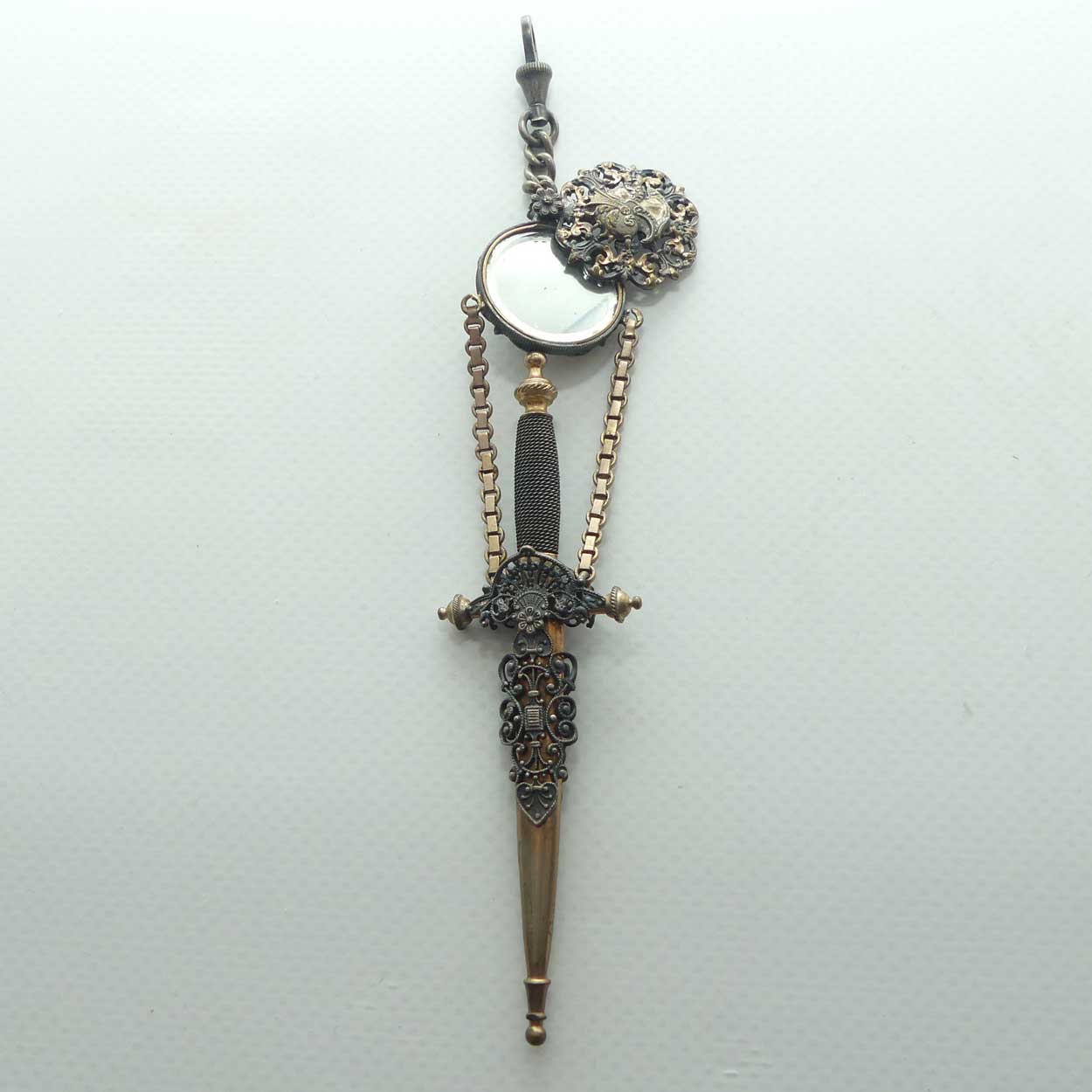 Victorian era Gilt Brass Chatelaine scissors in the form of dagger with secret mirror