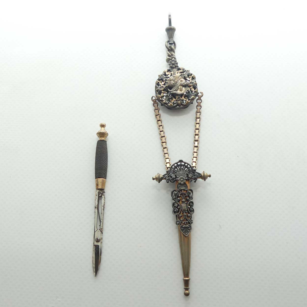 Victorian era Gilt Brass Chatelaine scissors in the form of dagger with secret mirror