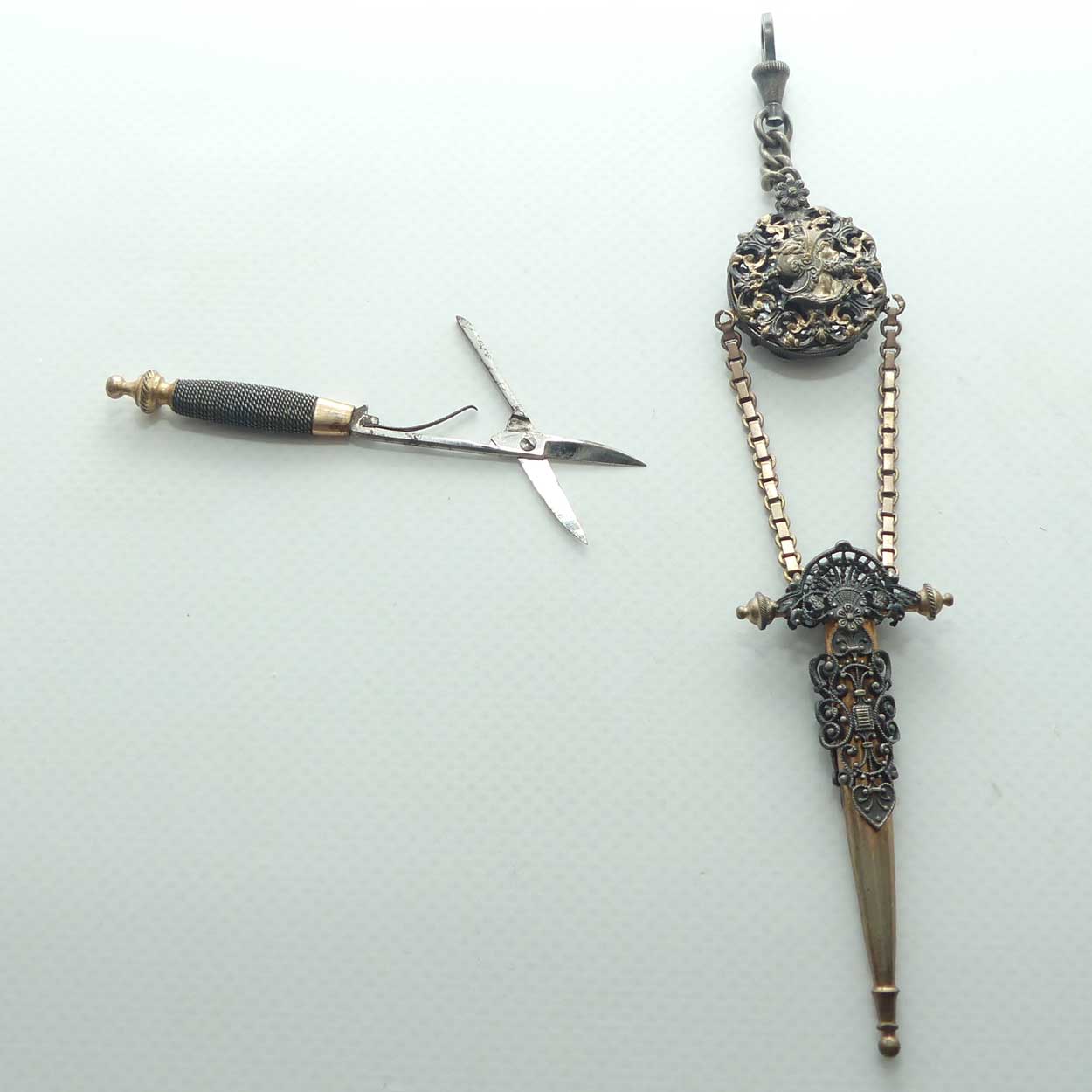 Victorian era Gilt Brass Chatelaine scissors in the form of dagger with secret mirror
