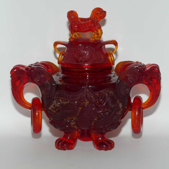 Chinese Carved Cherry Amber Resin Dragons and Fo Dog Censer