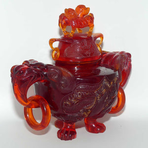 Chinese Carved Cherry Amber Resin Dragons and Fo Dog Censer