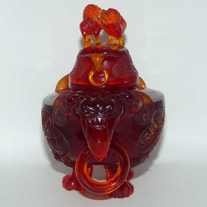 Chinese Carved Cherry Amber Resin Dragons and Fo Dog Censer