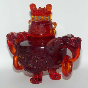 Chinese Carved Cherry Amber Resin Dragons and Fo Dog Censer