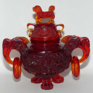 Chinese Carved Cherry Amber Resin Dragons and Fo Dog Censer