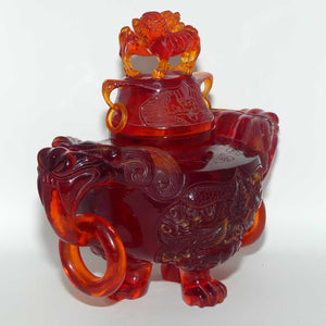 Chinese Carved Cherry Amber Resin Dragons and Fo Dog Censer