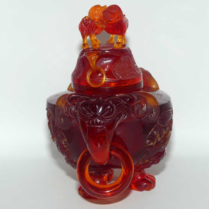 Chinese Carved Cherry Amber Resin Dragons and Fo Dog Censer