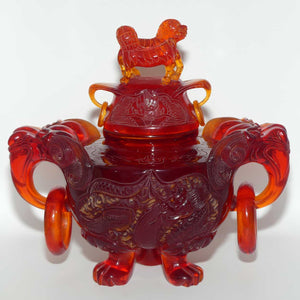 Chinese Carved Cherry Amber Resin Dragons and Fo Dog Censer