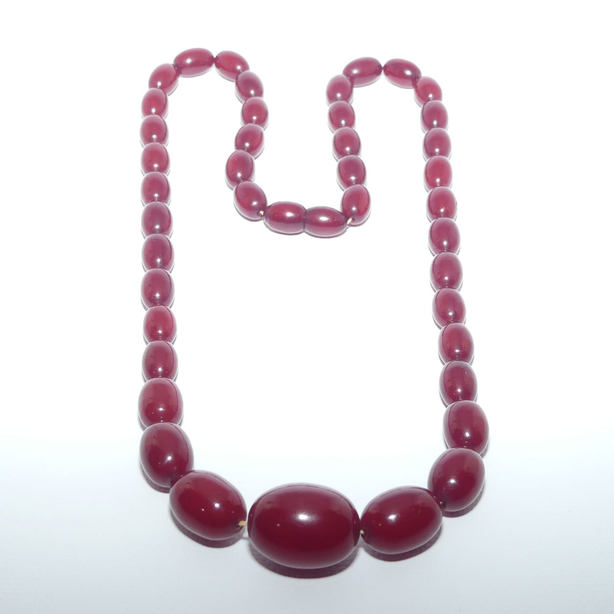 Mid Century Cherry Red Amber Bakelite Bead Necklace | Round Oval | 80cm total length