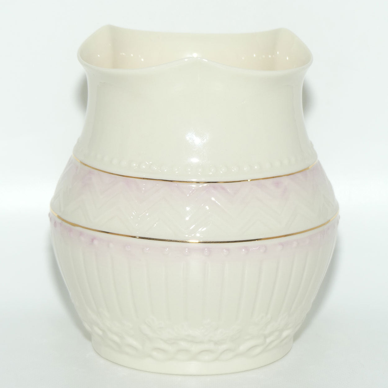 Belleek Embossed Chevrons pattern wide vase | Fluted Rim | Pink | Gold Mark