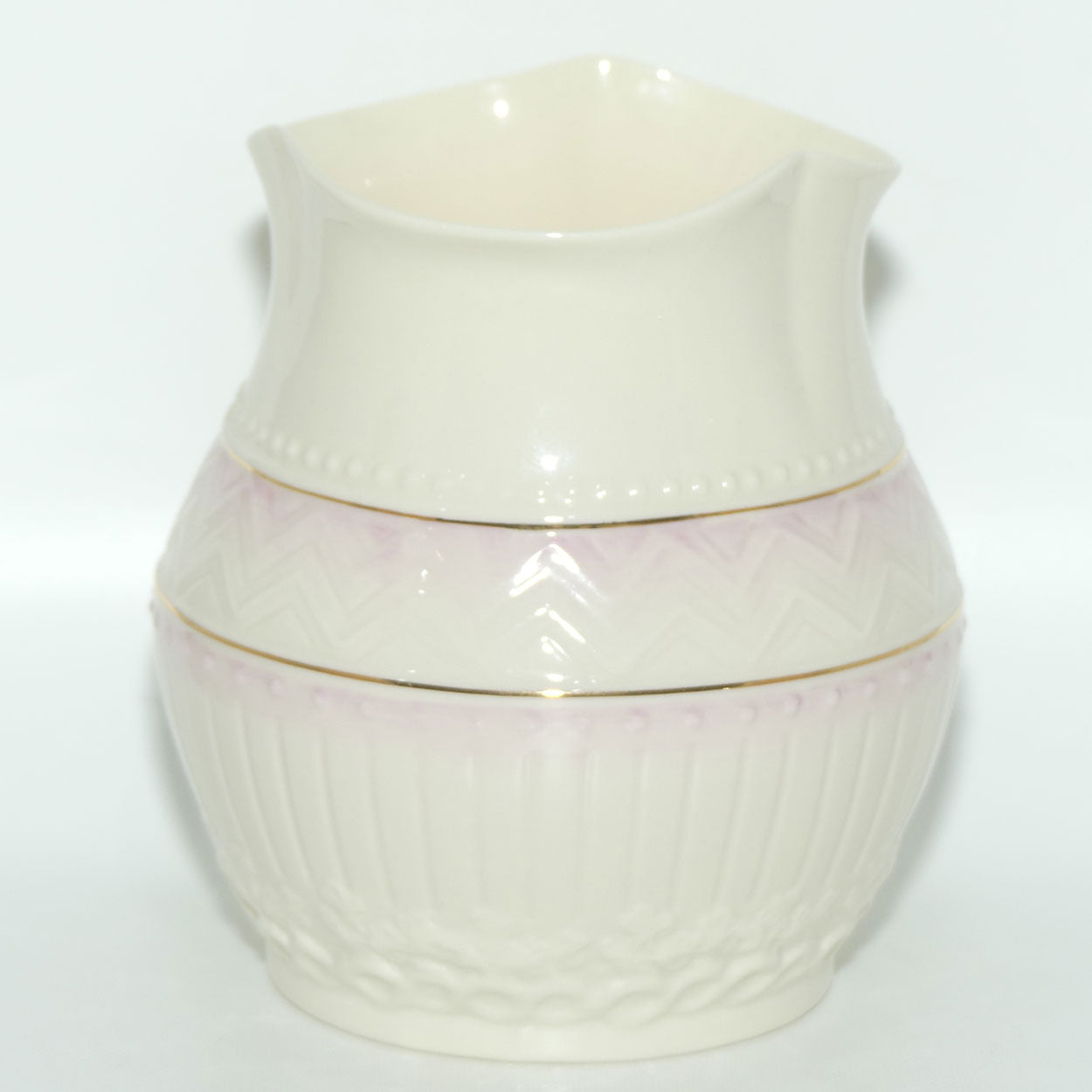 Belleek Embossed Chevrons pattern wide vase | Fluted Rim | Pink | Gold Mark
