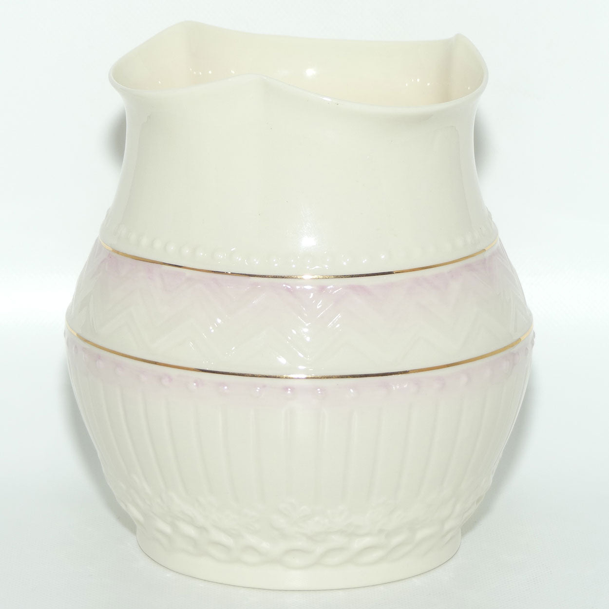 Belleek Embossed Chevrons pattern wide vase | Fluted Rim | Pink | Gold Mark