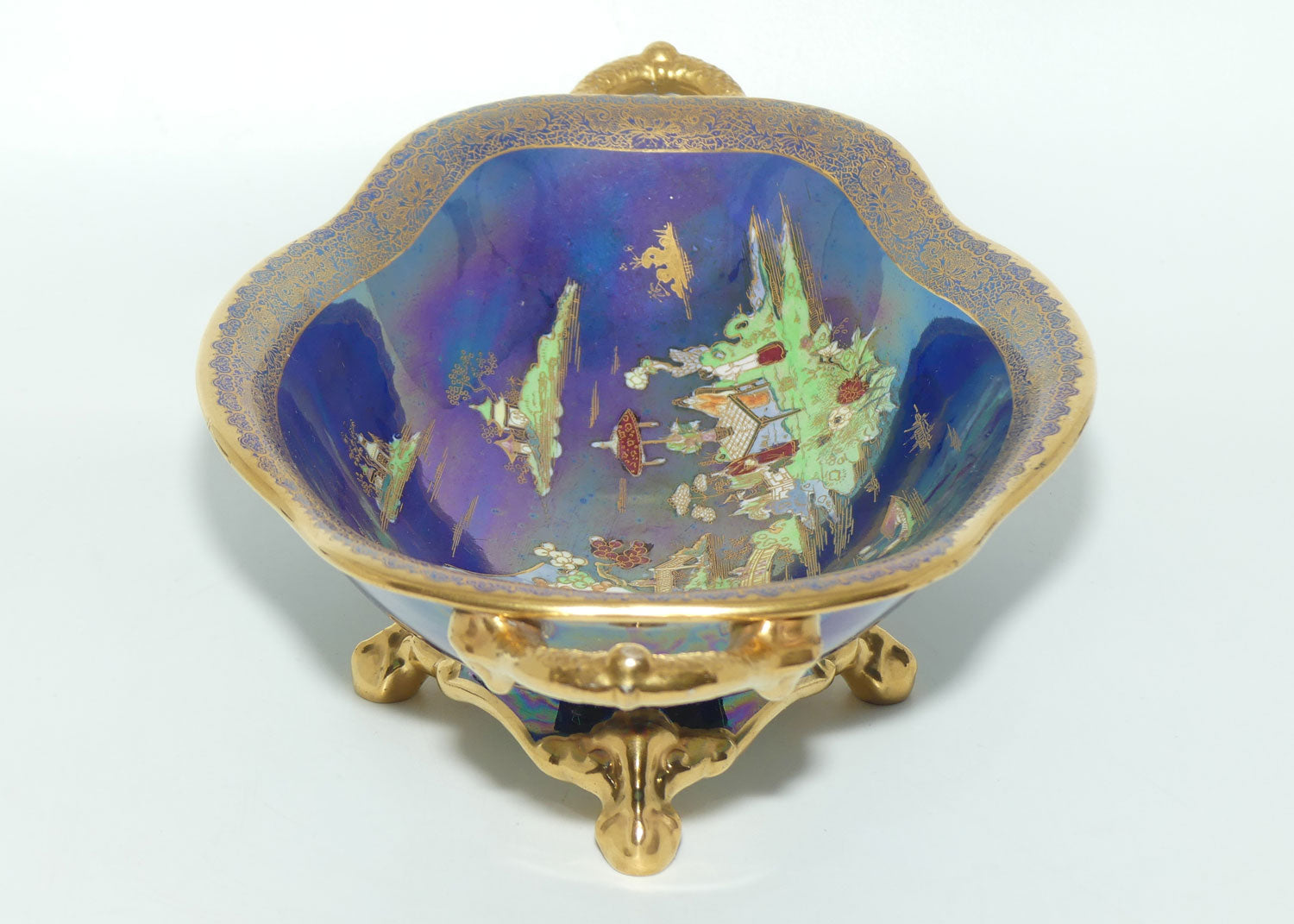 Carlton Ware China Land on Lustre Blue twin handle comport on 4 feet