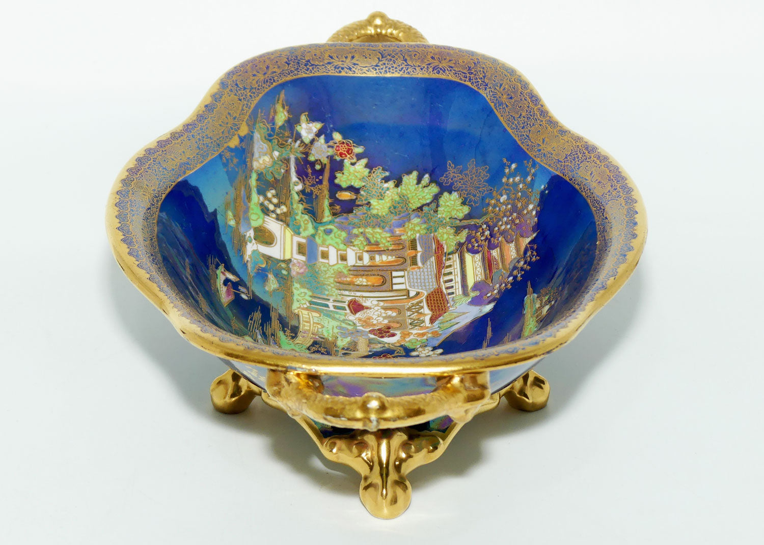 Carlton Ware China Land on Lustre Blue twin handle comport on 4 feet