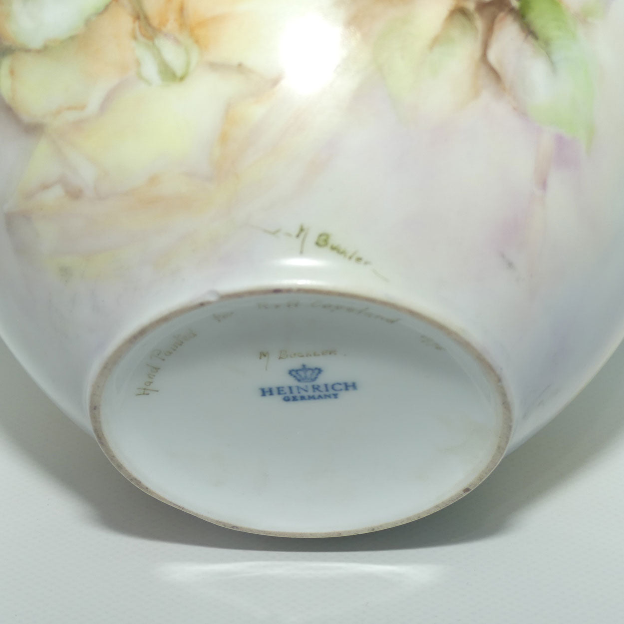 Australian China Painted vase | depicting Camellias by M Buckler 1978