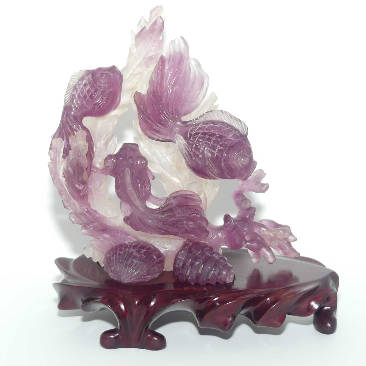 Mid 20th Century Chinese Flourite Carving of Long Tail Goldfish on wooden stand