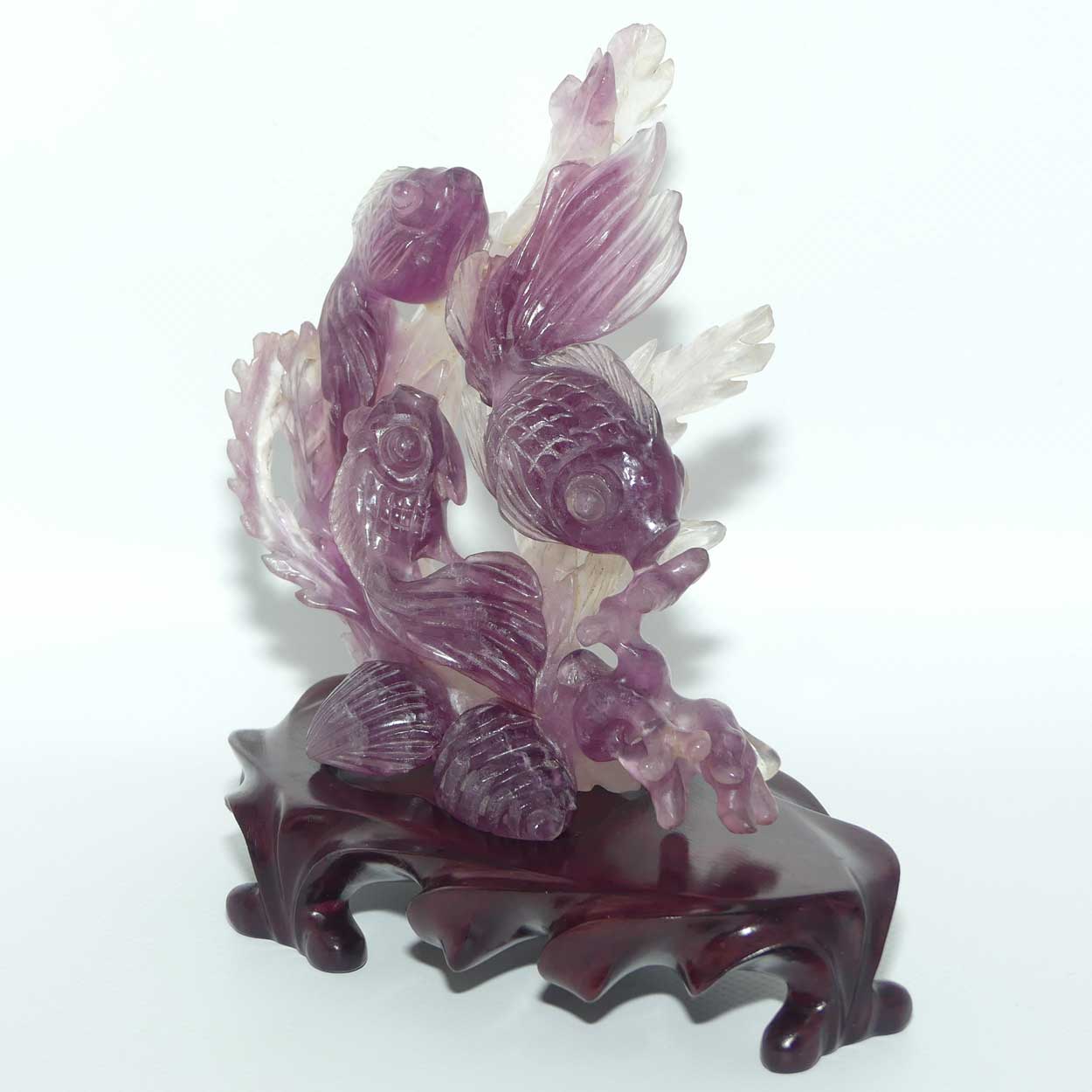 Mid 20th Century Chinese Flourite Carving of Long Tail Goldfish on wooden stand