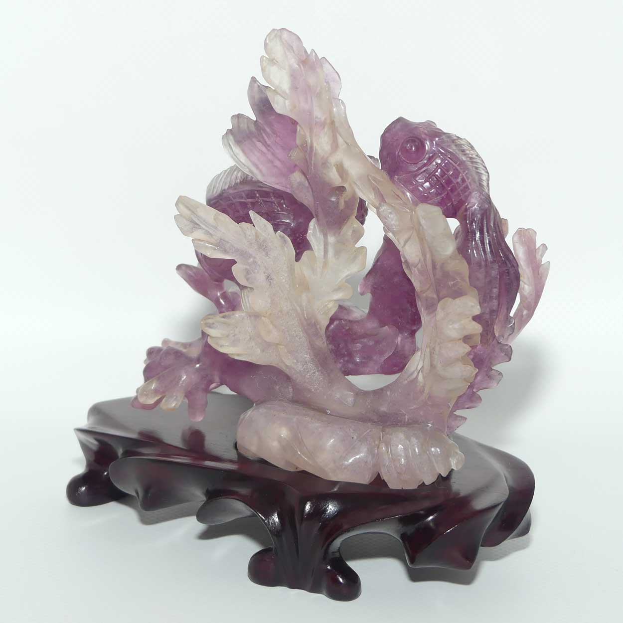 Mid 20th Century Chinese Flourite Carving of Long Tail Goldfish on wooden stand