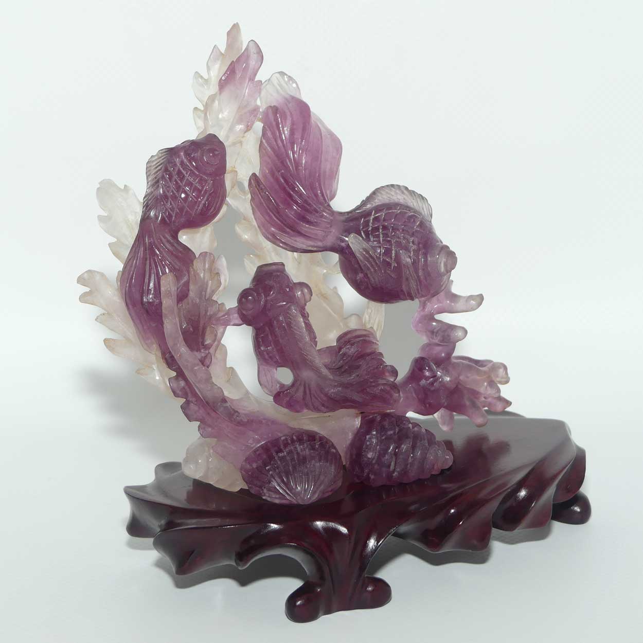 Mid 20th Century Chinese Flourite Carving of Long Tail Goldfish on wooden stand