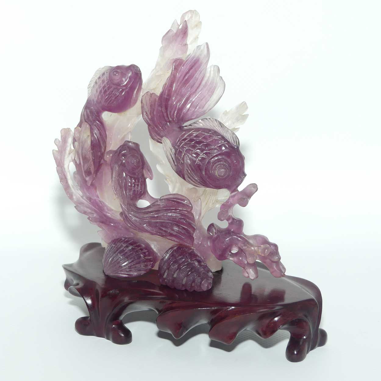 Mid 20th Century Chinese Flourite Carving of Long Tail Goldfish on wooden stand