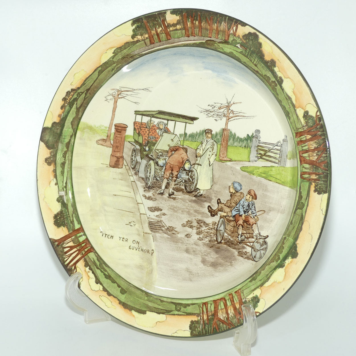Royal Doulton Early Motoring chop plate D2406: 'Itch yer on...