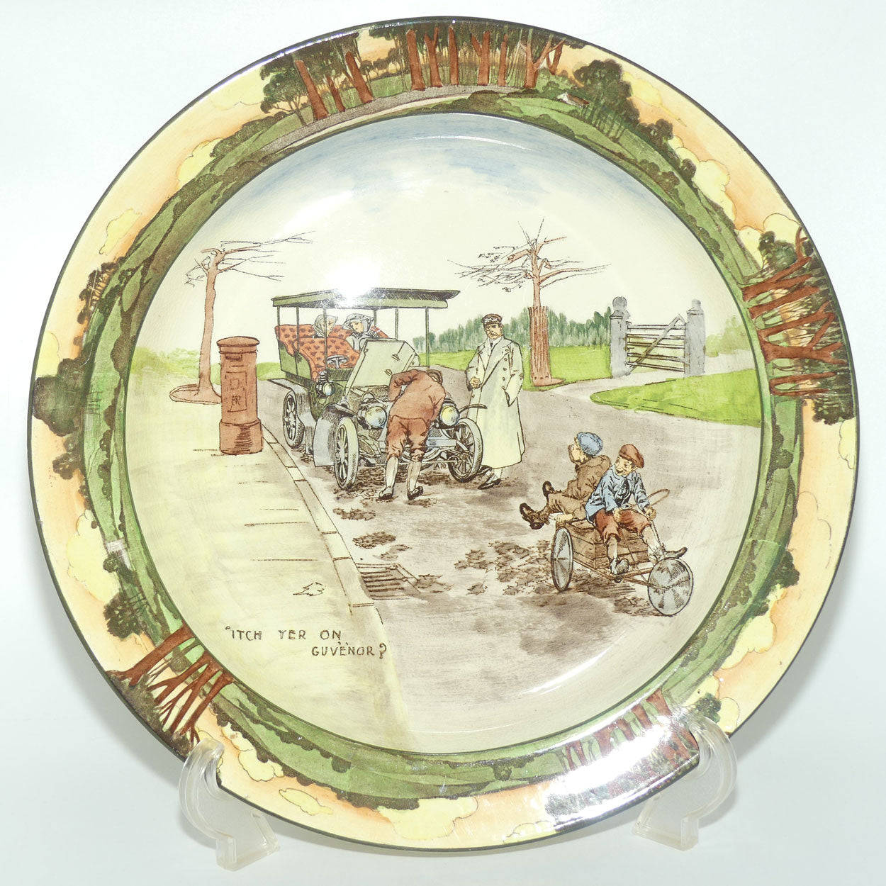 Royal Doulton Early Motoring chop plate D2406: 'Itch yer on...