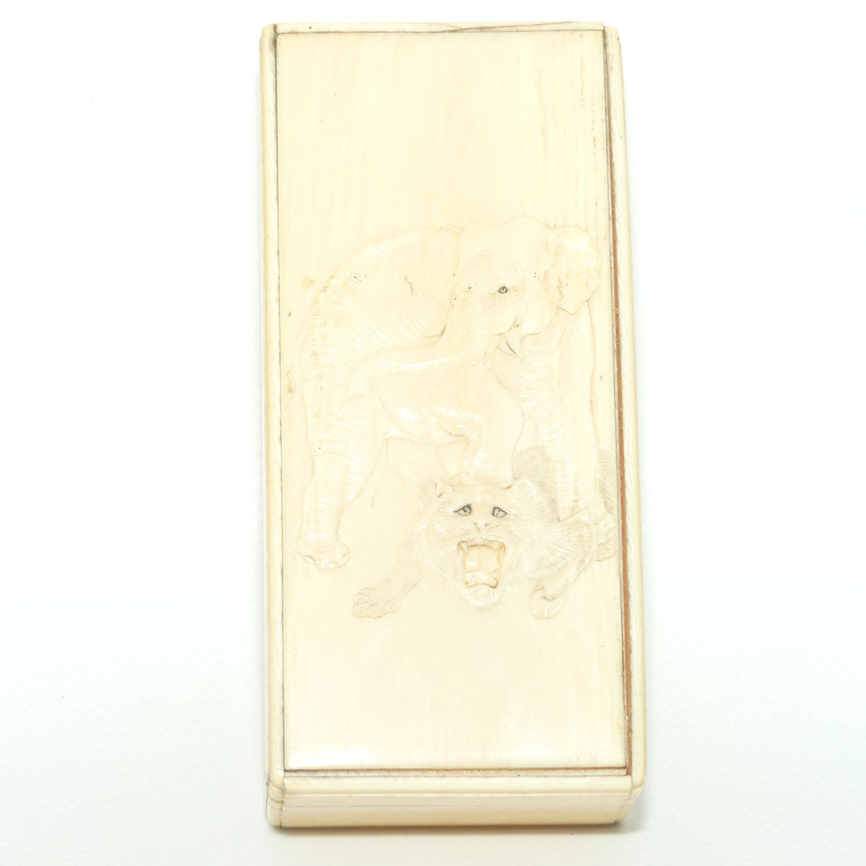 Carved Ivory trinket box depicting Elephant and Tiger