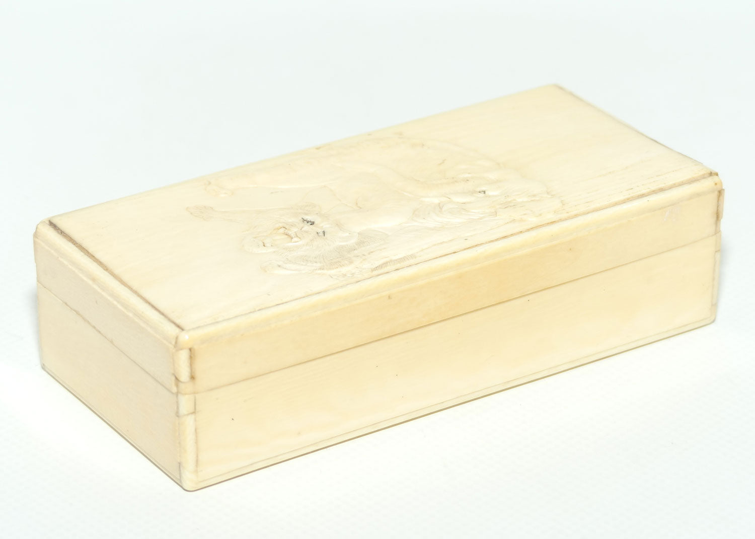 Carved Ivory trinket box depicting Elephant and Tiger