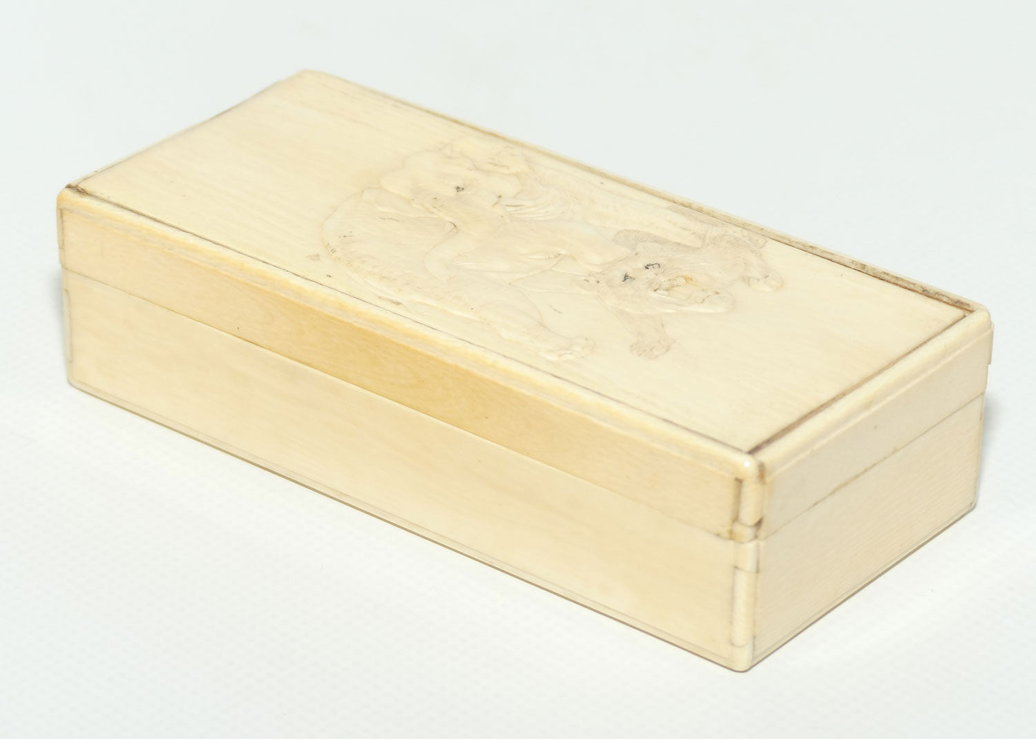 Carved Ivory trinket box depicting Elephant and Tiger