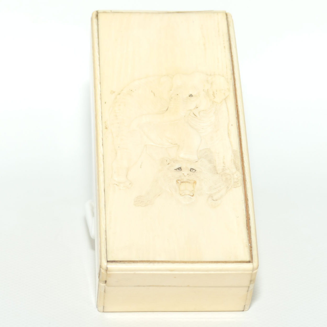Carved Ivory trinket box depicting Elephant and Tiger
