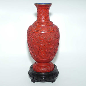 Very tall Cinnabar on Enamelled Brass Floral design vase with wooden Base | 35cm