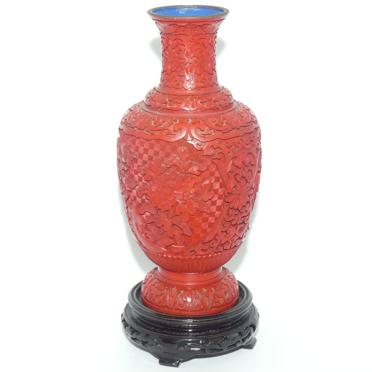 Very tall Cinnabar on Enamelled Brass Floral design vase with wooden Base | 35cm