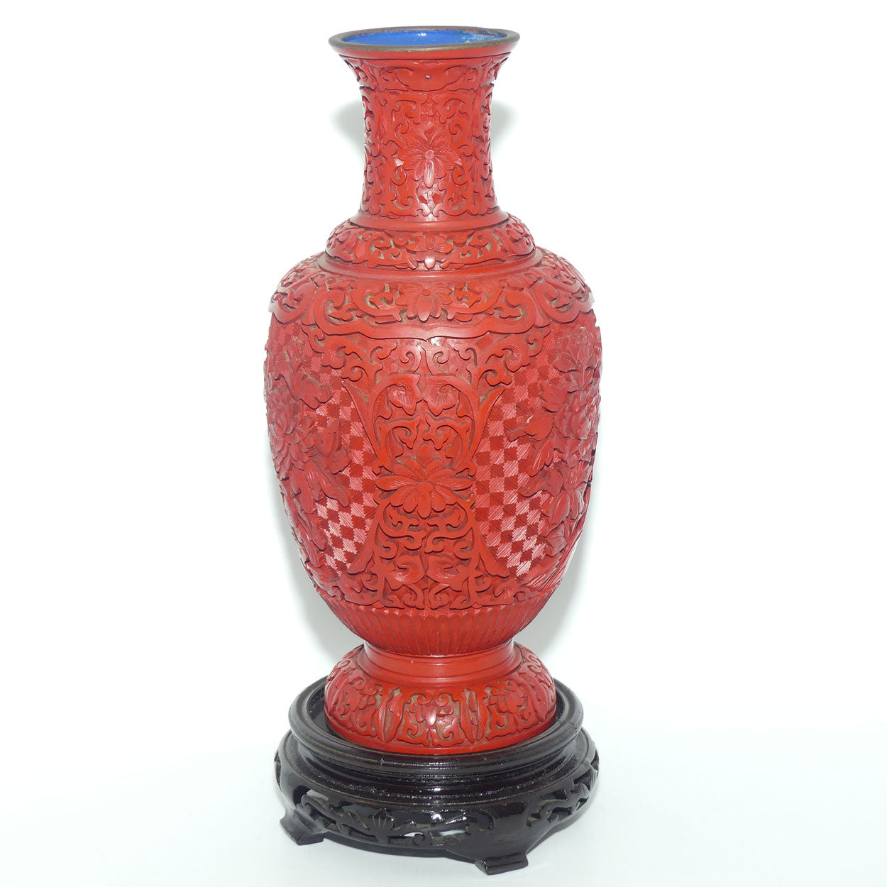 Very tall Cinnabar on Enamelled Brass Floral design vase with wooden Base | 35cm