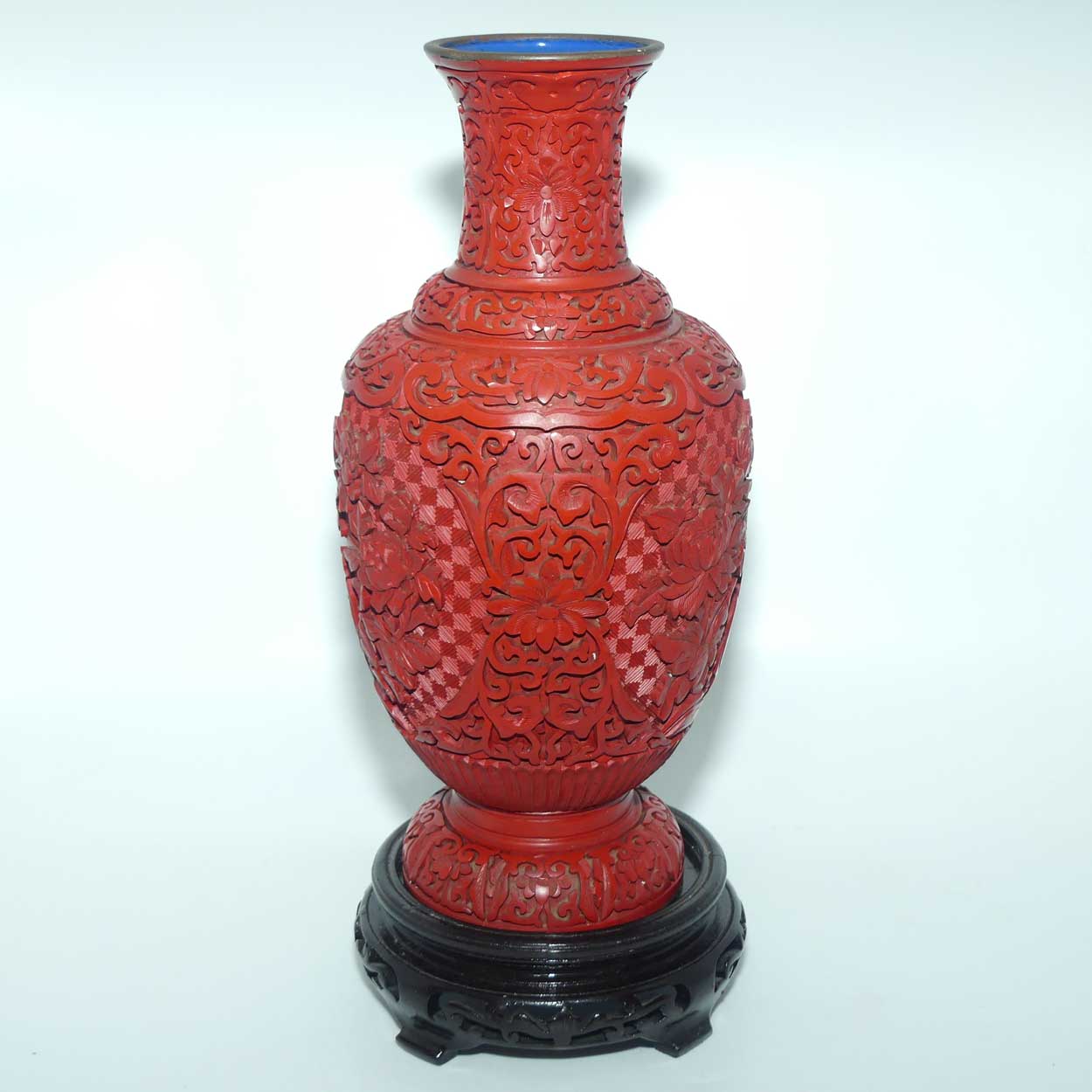 Very tall Cinnabar on Enamelled Brass Floral design vase with wooden Base | 35cm