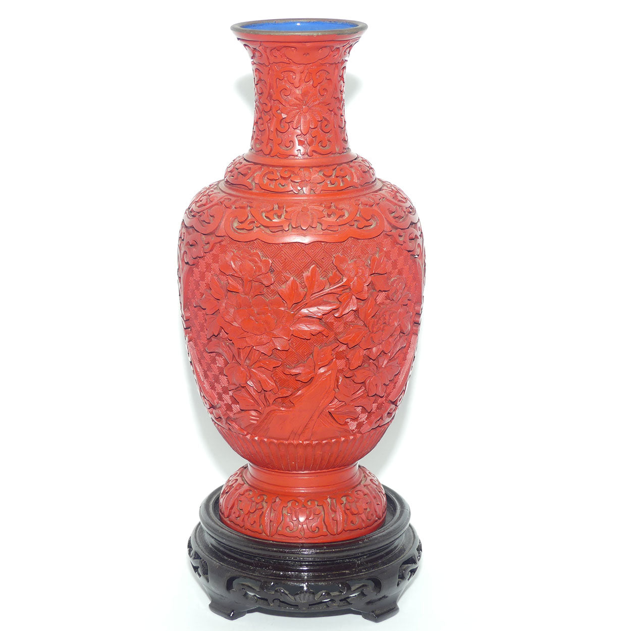 Very tall Cinnabar on Enamelled Brass Floral design vase with wooden Base | 35cm