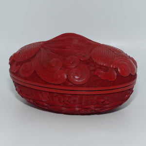 Mid 20th Century Chinese Export Cinnabar Lacquer Wedding box depicting Fantail Goldfish