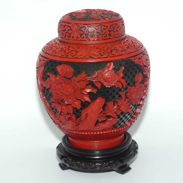 Very tall Cinnabar on Enamelled Brass Floral design Ginger Jar with wooden Base | 28cm