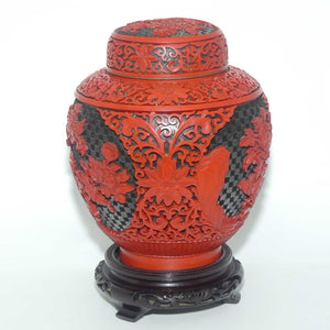 Very tall Cinnabar on Enamelled Brass Floral design Ginger Jar with wooden Base | 28cm