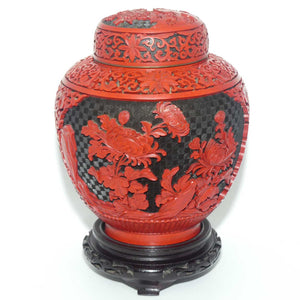 Very tall Cinnabar on Enamelled Brass Floral design Ginger Jar with wooden Base | 28cm