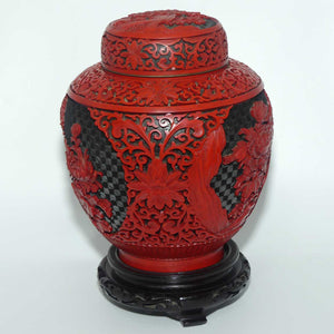 Very tall Cinnabar on Enamelled Brass Floral design Ginger Jar with wooden Base | 28cm