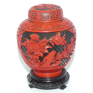 Very tall Cinnabar on Enamelled Brass Floral design Ginger Jar with wooden Base | 28cm